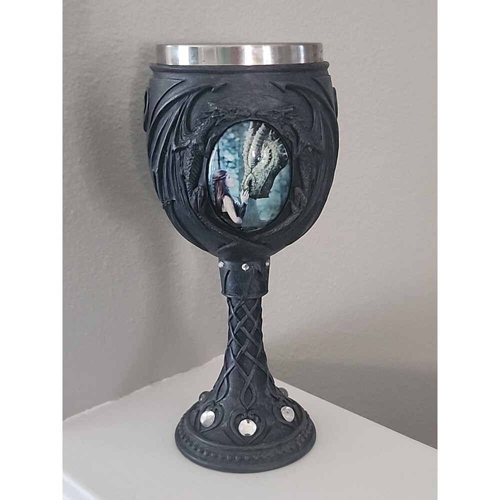 6 Oz Goblet/Chalice 7.5" Tall, Stainless Insert, Black, Cameo of Girl and Dragon